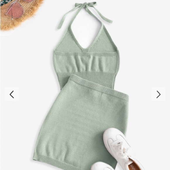 Halter Cropped Knitted Two Piece Light Green - Picture 2 of 5